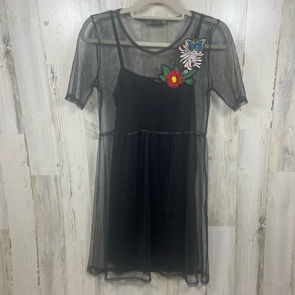 Potter's Pot Mini Dress Black Sheer Floral Embroidered size S Whimsygoth - Picture 2 of 8
